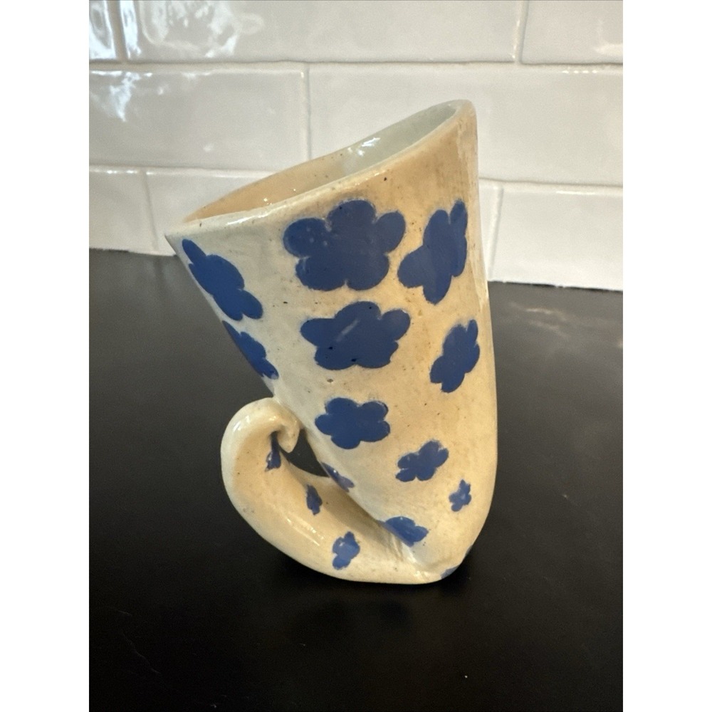 Vintage Studio‎ Art Pottery Vase Stoneware Glazed Signed Odd Unique Blue Flowers